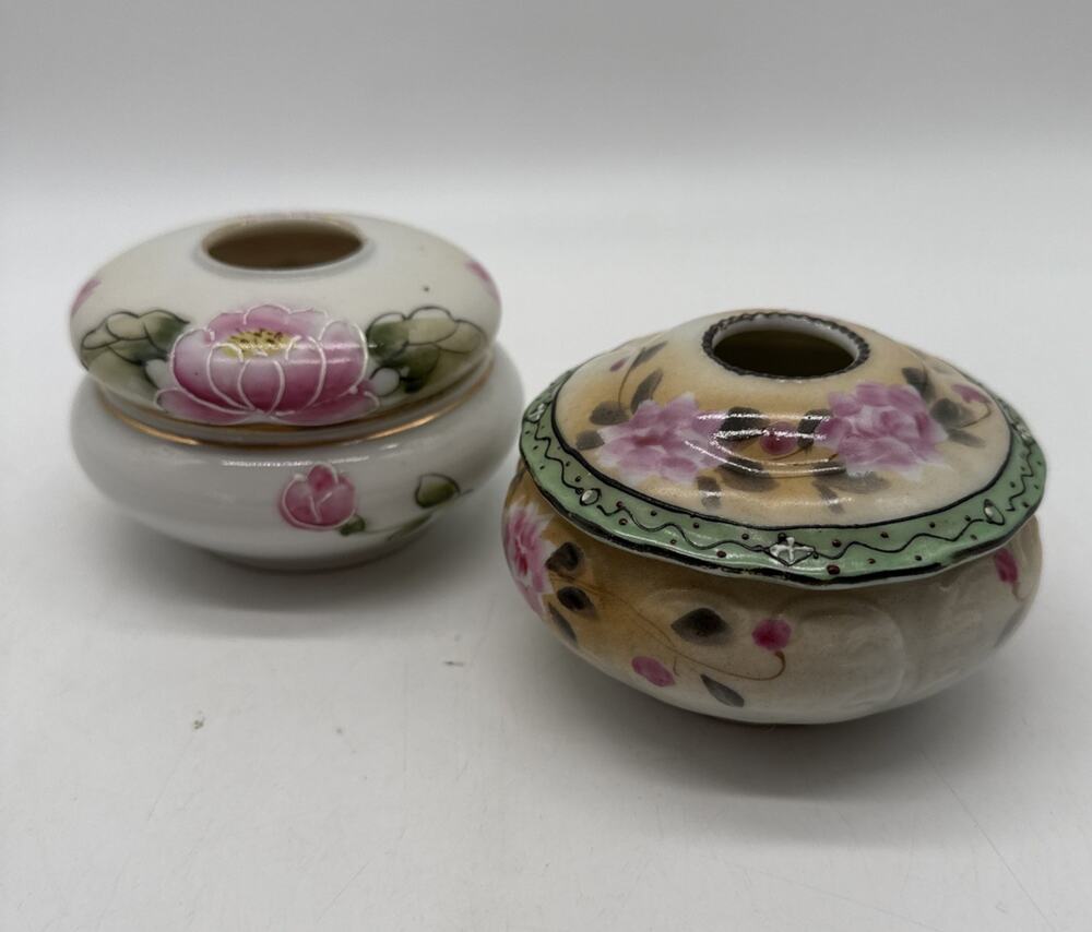 Vtg Nippon Porcelain Hand Painted Hair Receivers Roses And Water Lily Lot Of 2